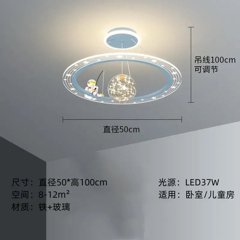 Whimsical blue & gold astronaut led chandelier nursery pendant light