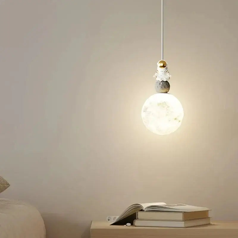 Modern white and gold astronaut lunar pendant light bedroom decor