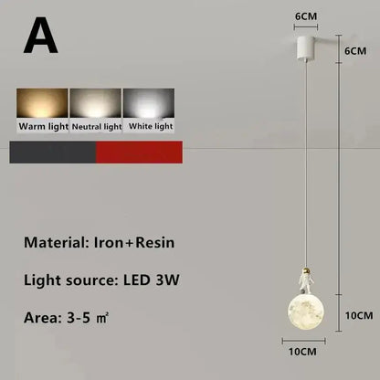 Modern white and gold astronaut lunar pendant light bedroom decor