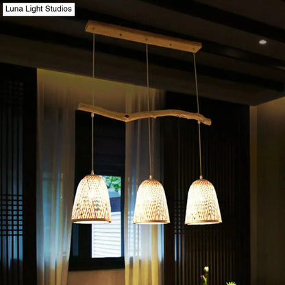 Bamboo bell shade pendant light – dining room wood fixture