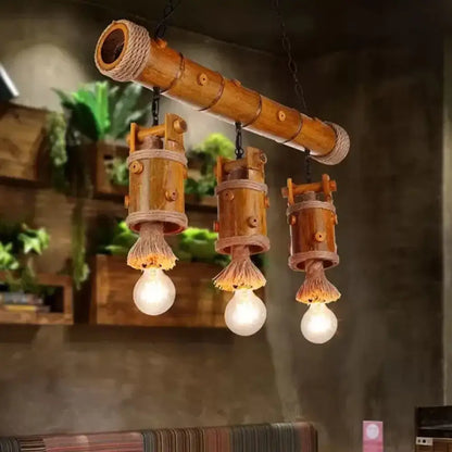 Rustic brown bamboo chinese bucket island light fixture dining room