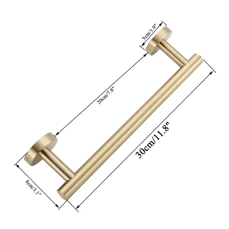 Modern brass bathroom hardware set with cylindrical towel rack