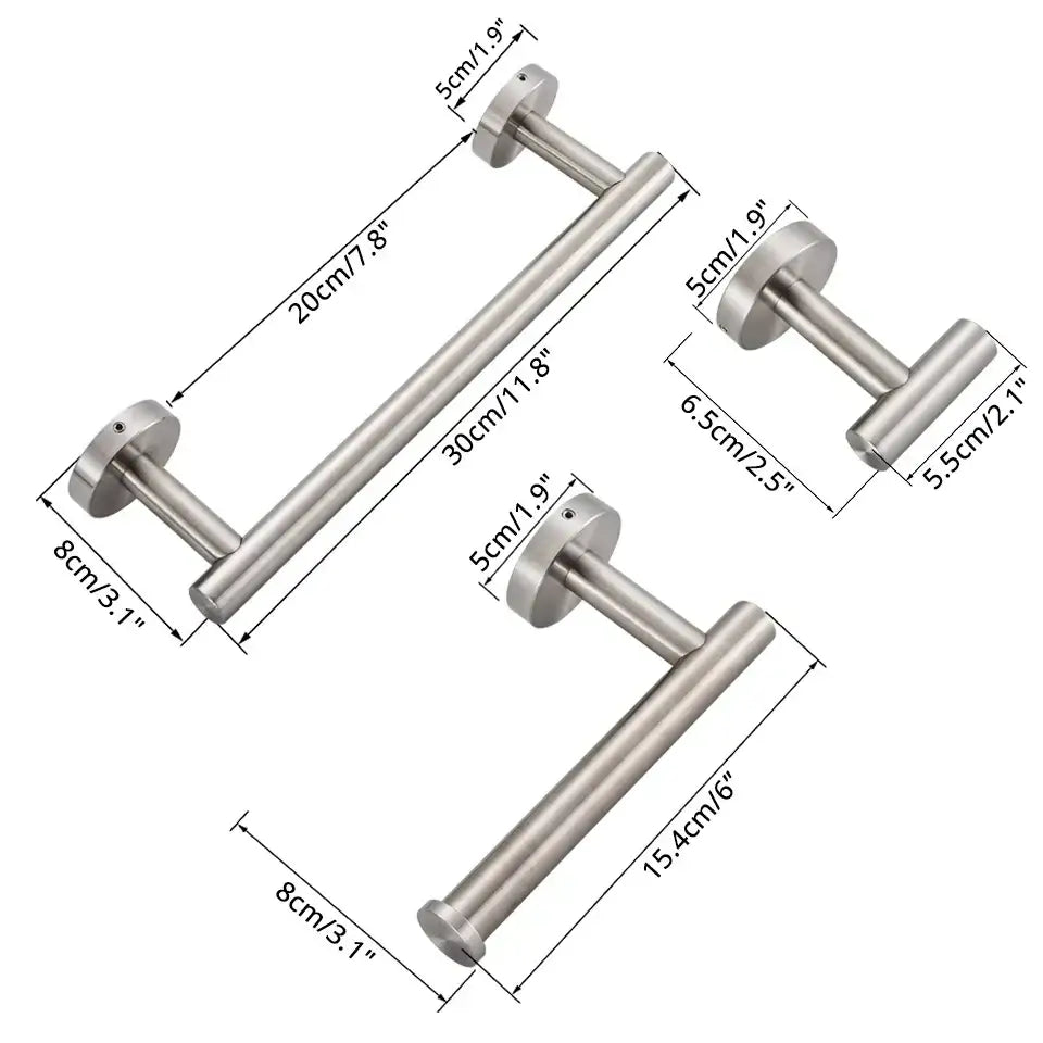 Modern brass bathroom hardware set with cylindrical towel rack
