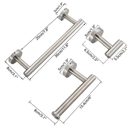 Modern brass bathroom hardware set with cylindrical towel rack