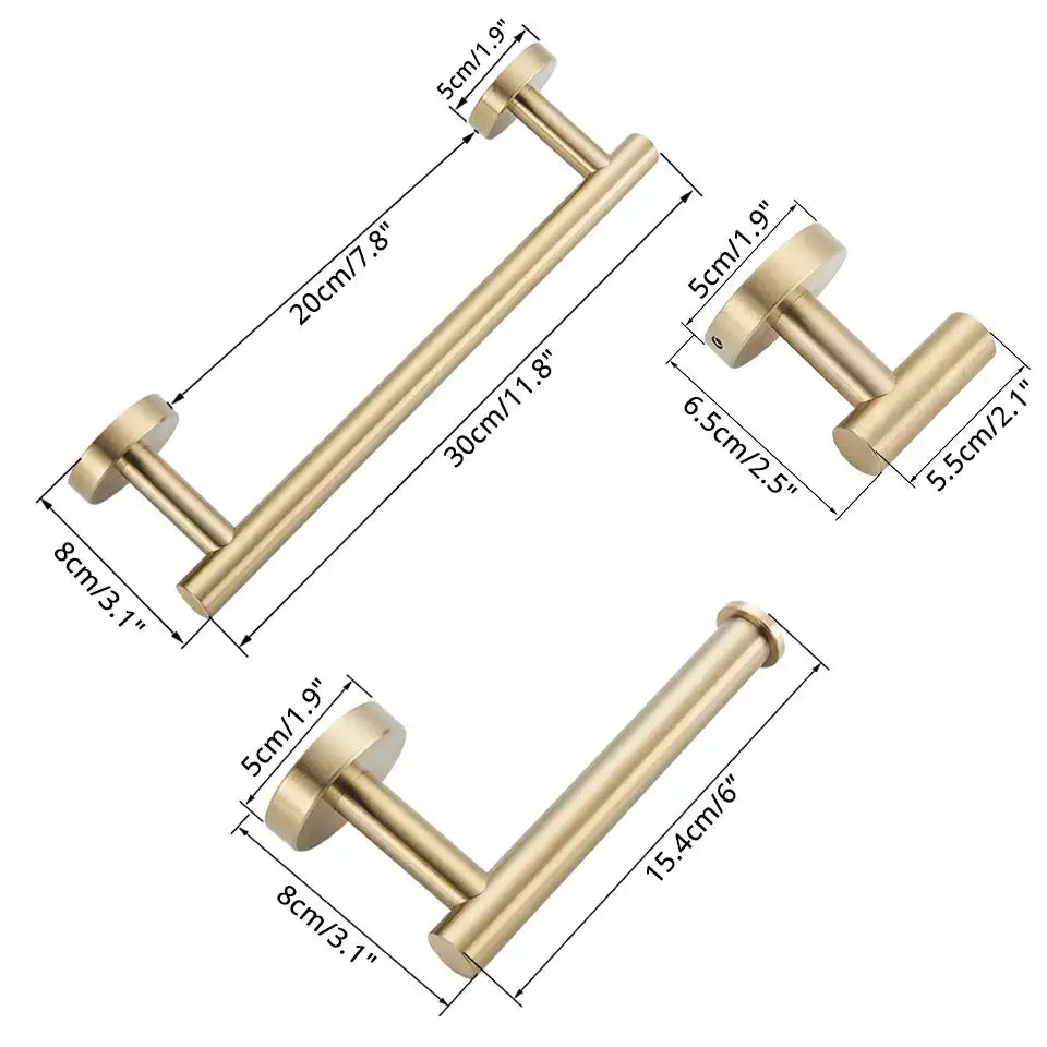 Modern brass bathroom hardware set with cylindrical towel rack