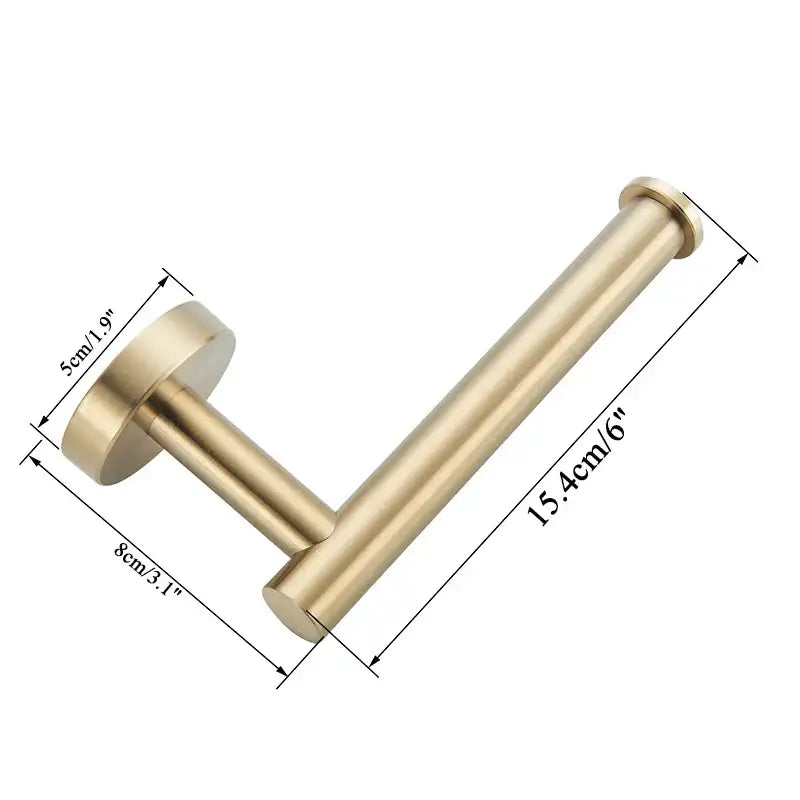 Modern brass bathroom hardware set with cylindrical towel rack