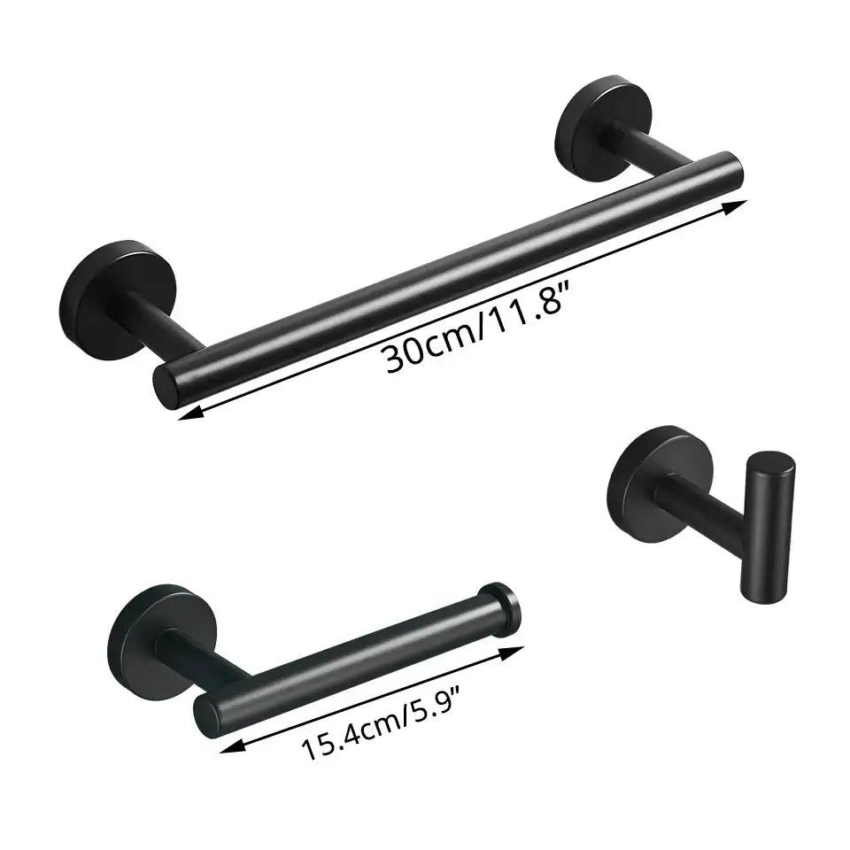 Modern brass bathroom hardware set with cylindrical towel rack