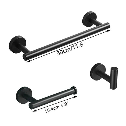 Modern brass bathroom hardware set with cylindrical towel rack
