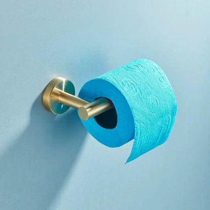 Modern brass bathroom hardware set with cylindrical towel rack