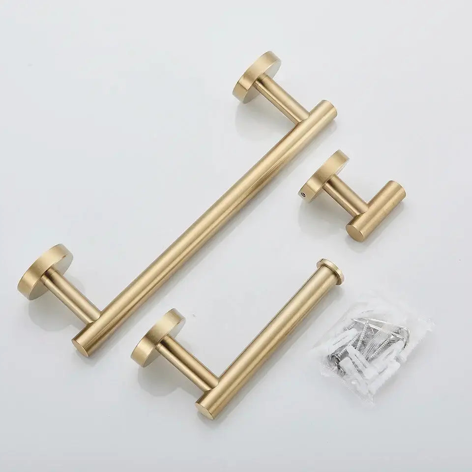 Modern brass bathroom hardware set with cylindrical towel rack