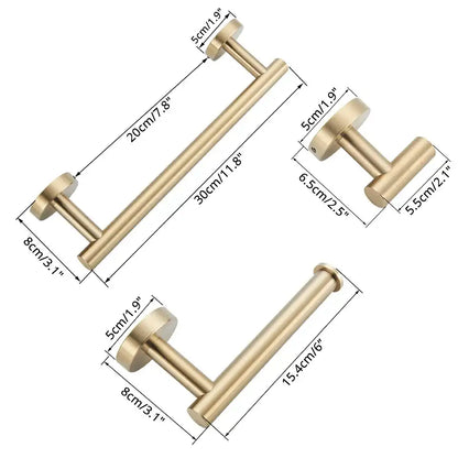 Modern brass bathroom hardware set with cylindrical towel rack