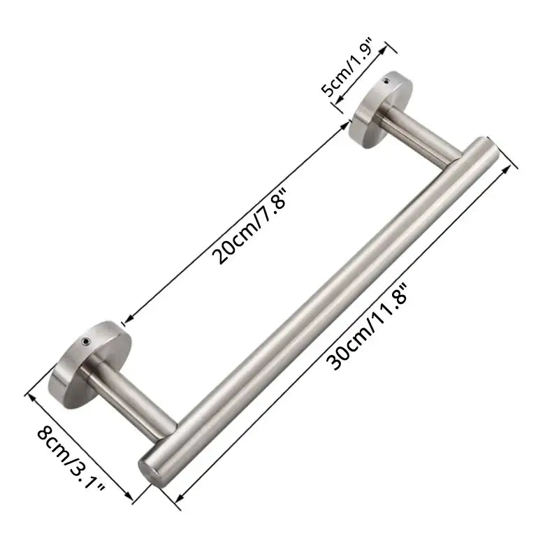Modern brass bathroom hardware set with cylindrical towel rack