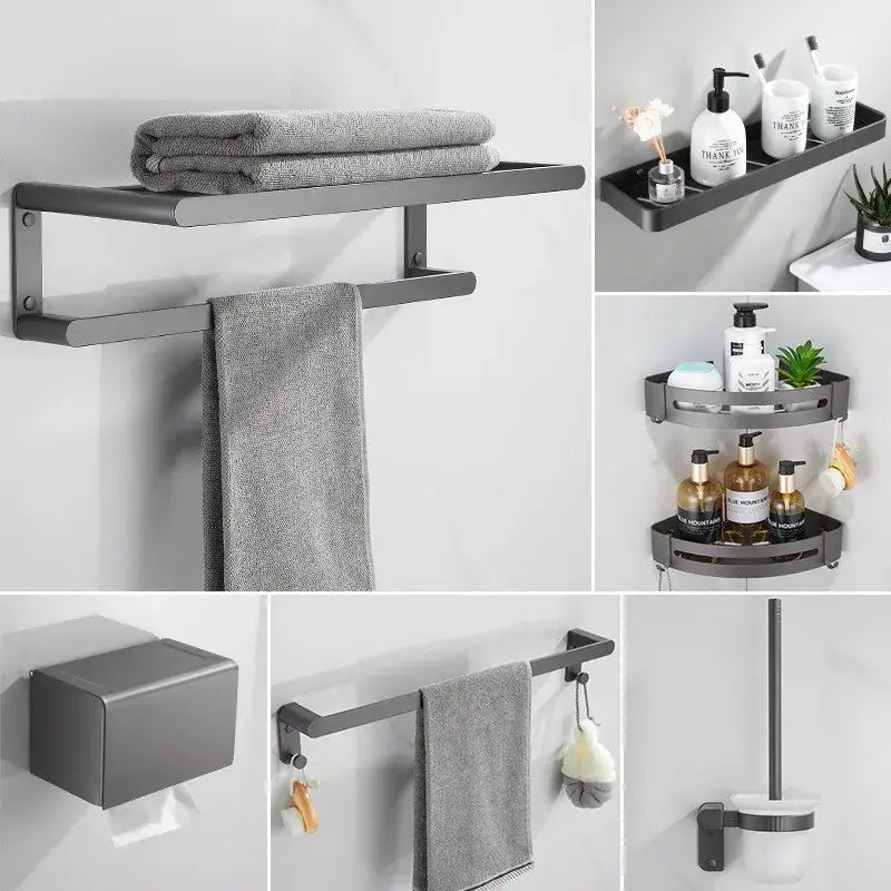 Modern matte black bathroom hardware set with shelf and towel rack