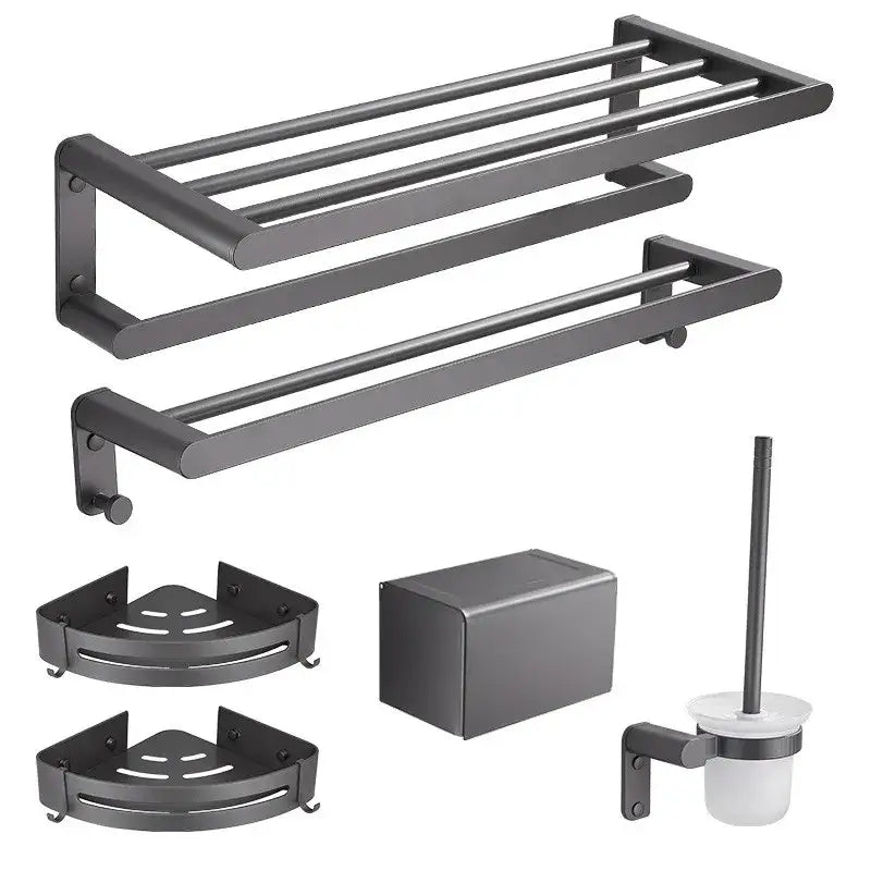 Modern matte black bathroom hardware set with shelf and towel rack