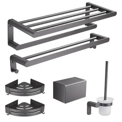 Modern matte black bathroom hardware set with shelf and towel rack