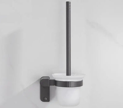 Modern matte black bathroom hardware set with shelf and towel rack
