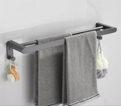 Modern matte black bathroom hardware set with shelf and towel rack
