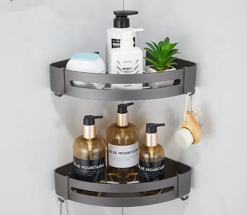Modern matte black bathroom hardware set with shelf and towel rack