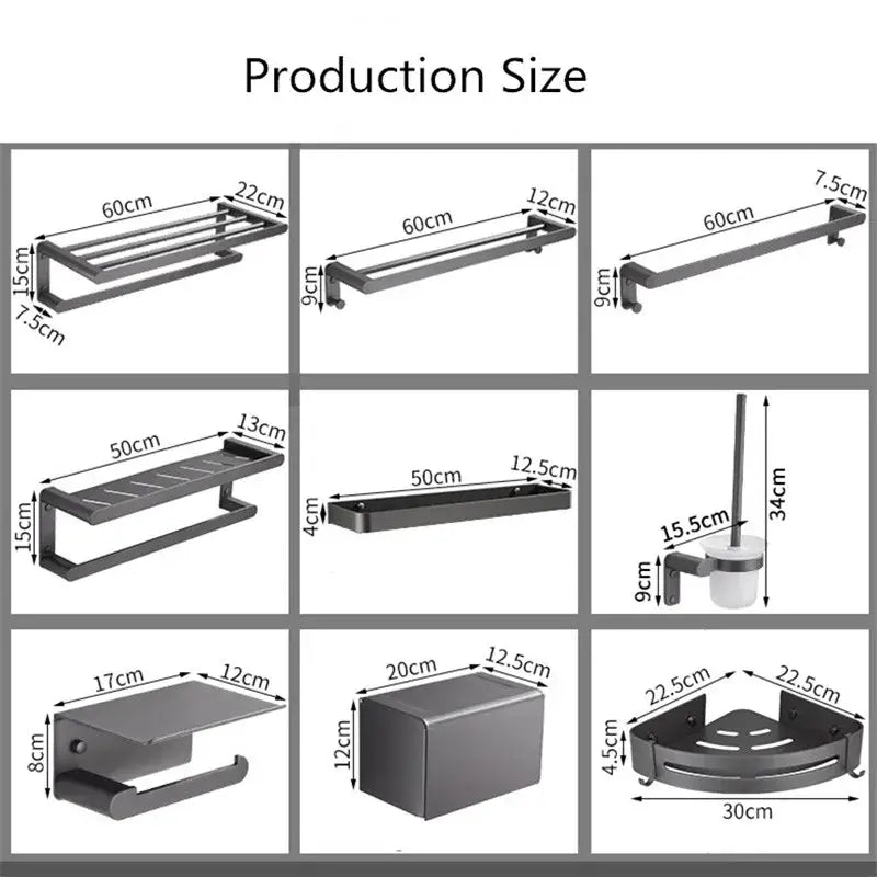 Modern matte black bathroom hardware set with shelf and towel rack