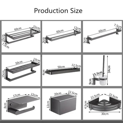Modern matte black bathroom hardware set with shelf and towel rack