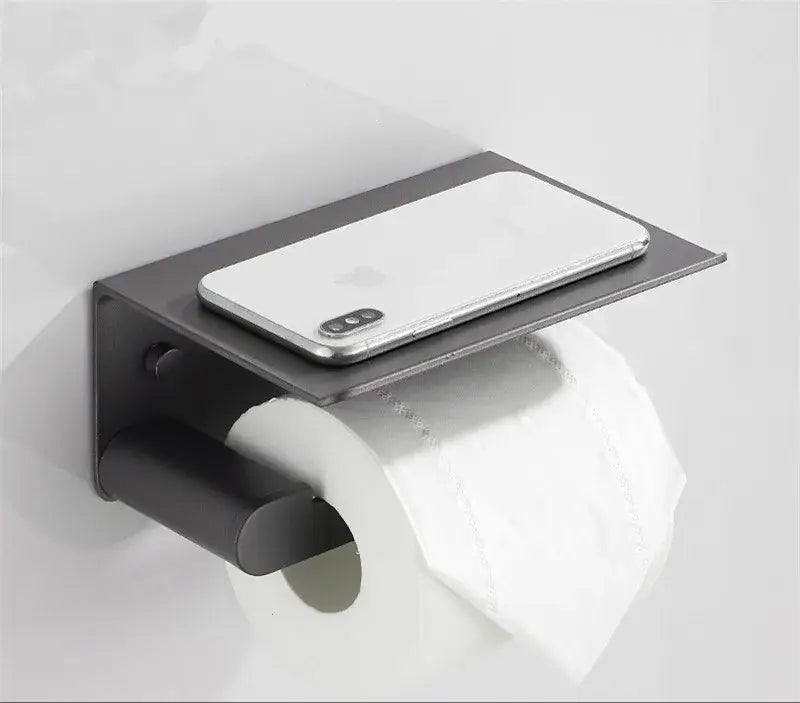 Modern matte black bathroom hardware set with shelf and towel rack
