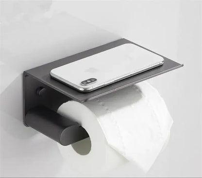 Modern matte black bathroom hardware set with shelf and towel rack