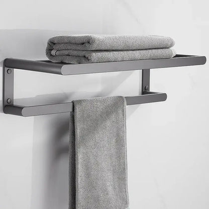 Modern matte black bathroom hardware set with shelf and towel rack
