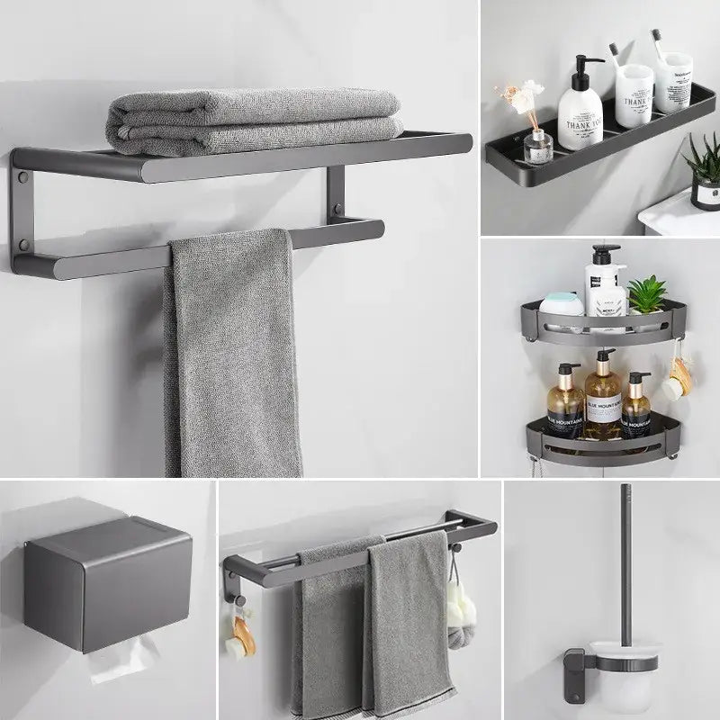 Modern matte black bathroom hardware set with shelf and towel rack