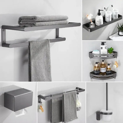 Modern matte black bathroom hardware set with shelf and towel rack