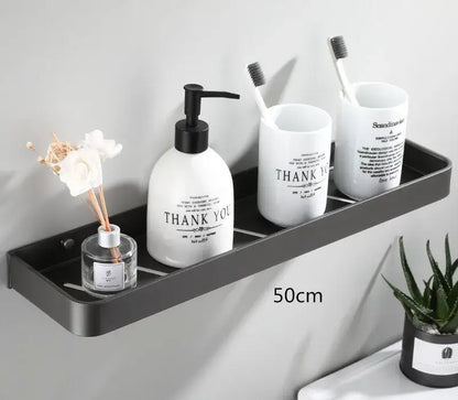 Modern matte black bathroom hardware set with shelf and towel rack