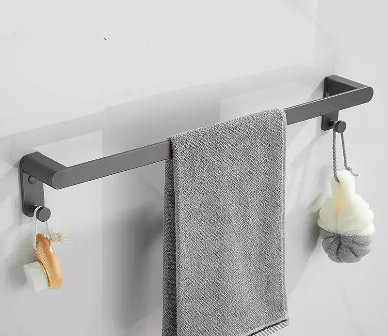 Modern matte black bathroom hardware set with shelf and towel rack
