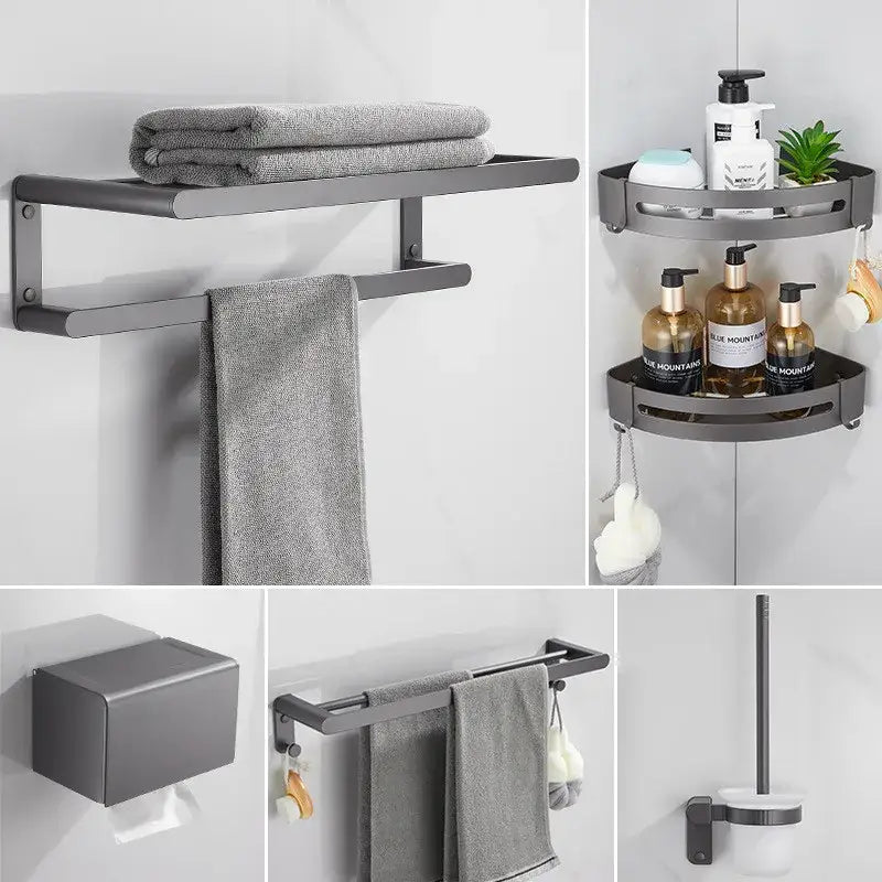 Modern matte black bathroom hardware set with shelf and towel rack