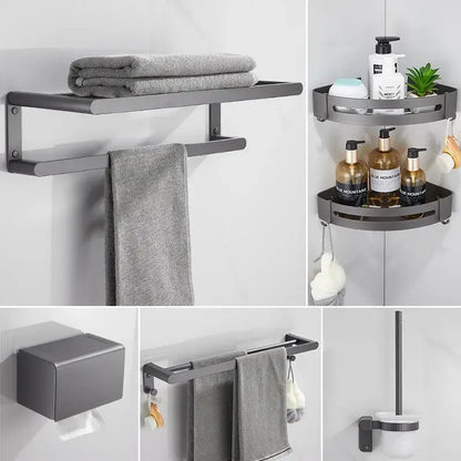 Modern matte black bathroom hardware set with shelf and towel rack