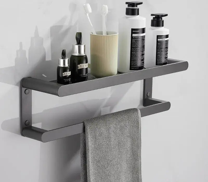 Modern matte black bathroom hardware set with shelf and towel rack