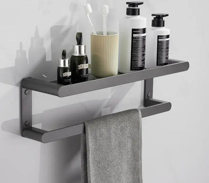 Modern matte black bathroom hardware set with shelf and towel rack