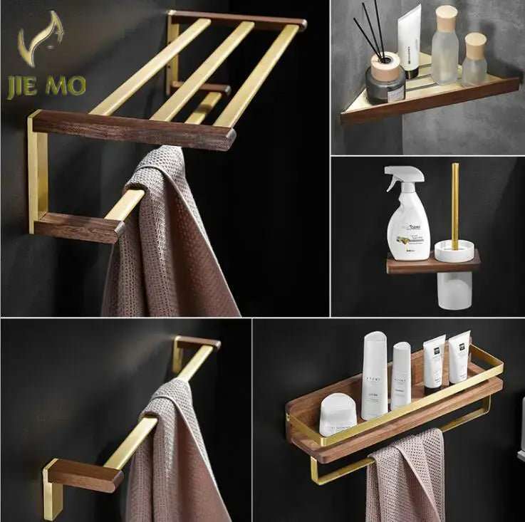 Modern gold & dark wood bathroom hardware set – bathroom rack