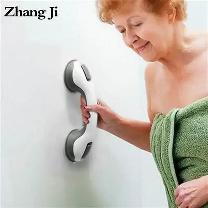 Ergonomic white & gray suction cup bathroom safety grab bar
