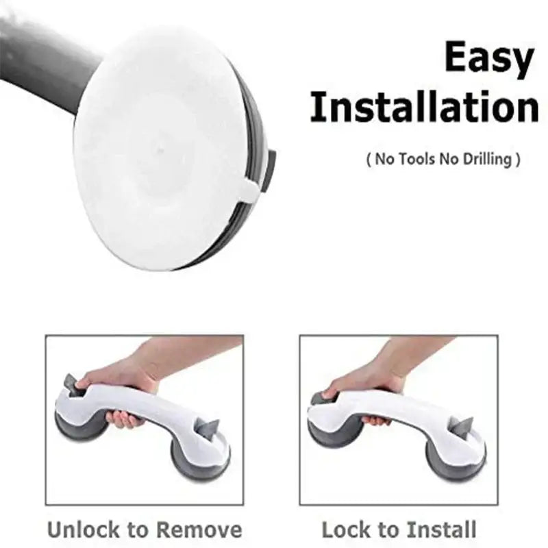 Ergonomic white & gray suction cup bathroom safety grab bar