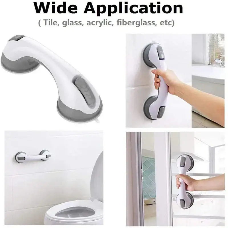 Ergonomic white & gray suction cup bathroom safety grab bar