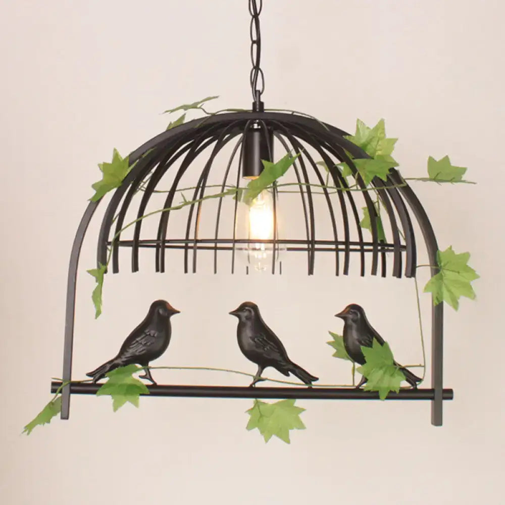 Rustic black birdcage pendant light dining room with vine and birds
