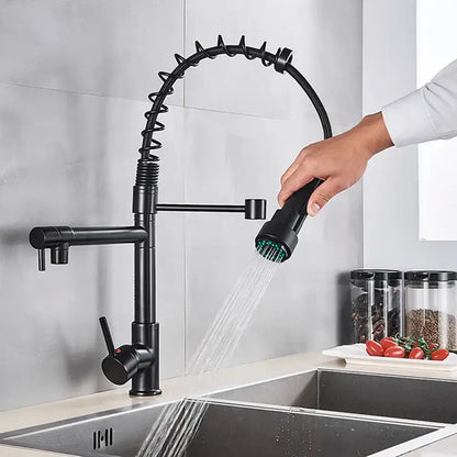 Decorbites black brass kitchen faucet with dual spout and pull down spray