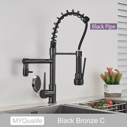 Decorbites black brass kitchen faucet with dual spout and pull down spray