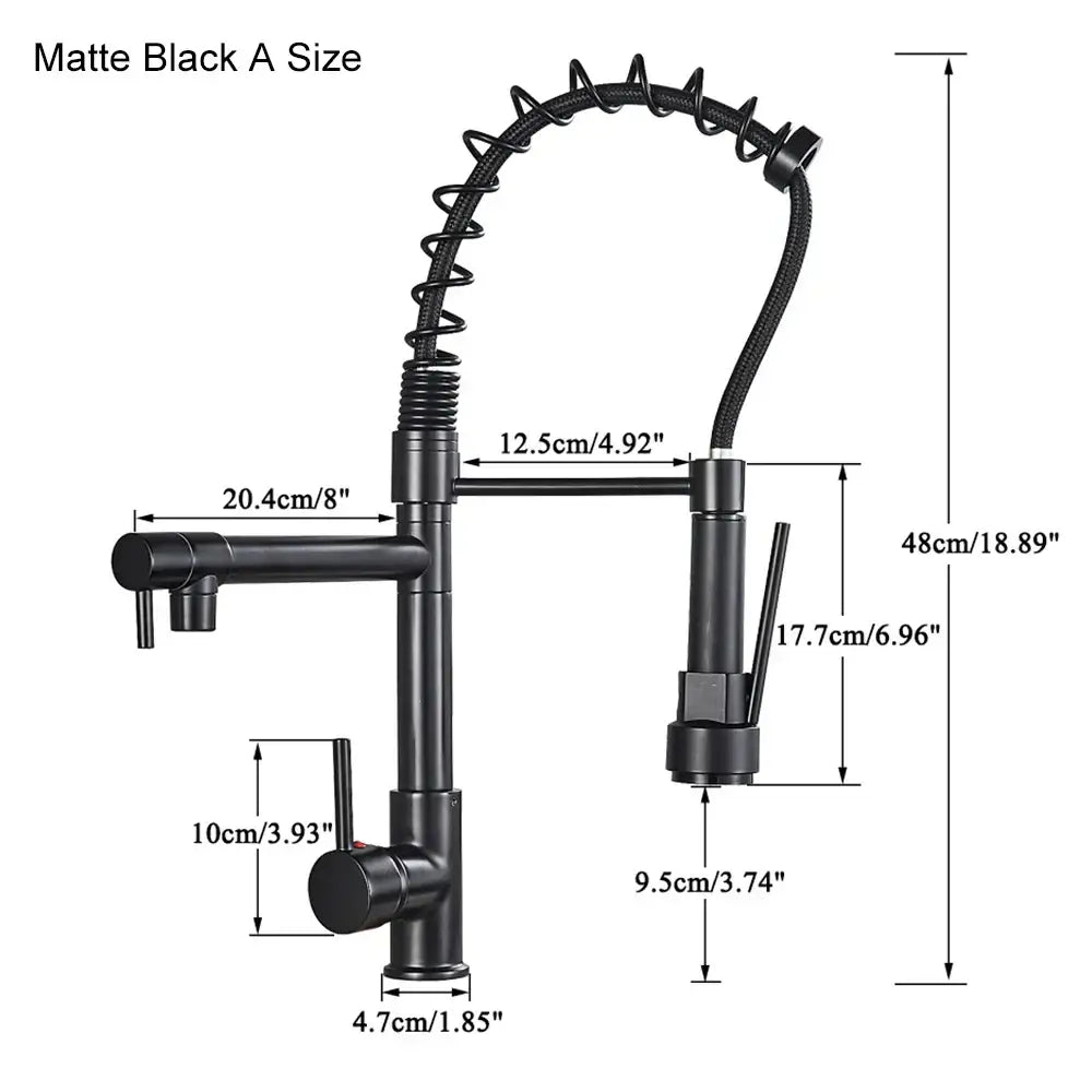 Decorbites black brass kitchen faucet with dual spout and pull down spray