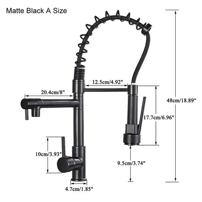 Decorbites black brass kitchen faucet with dual spout and pull down spray