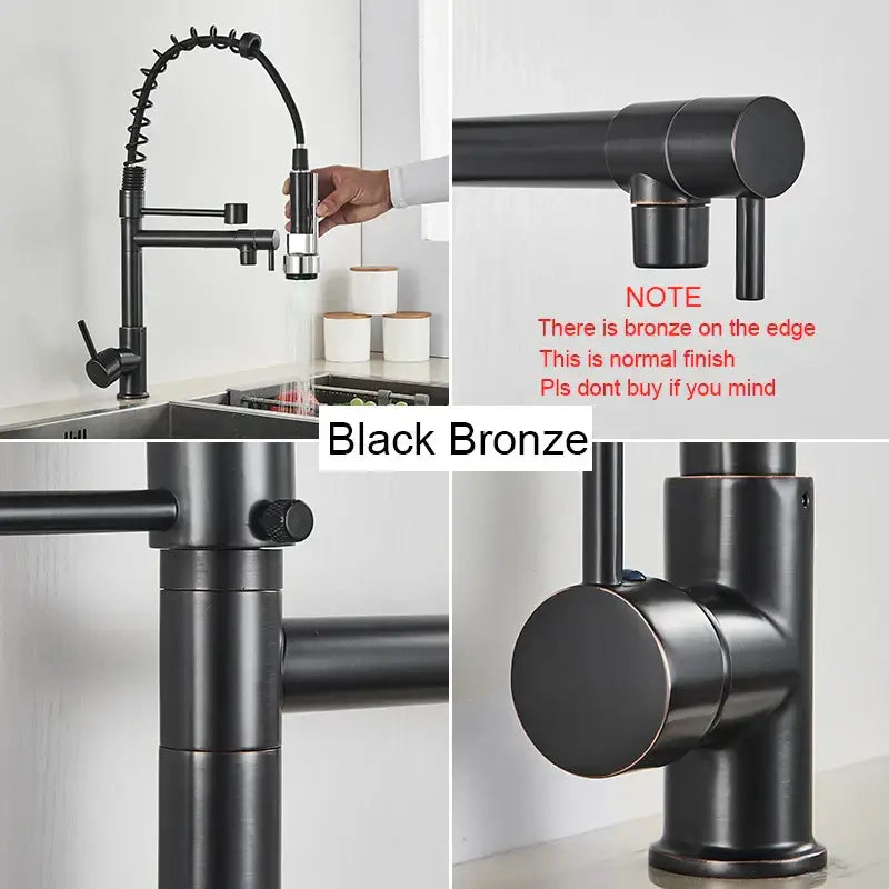 Decorbites black brass kitchen faucet with dual spout and pull down spray