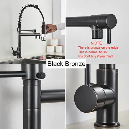 Decorbites black brass kitchen faucet with dual spout and pull down spray