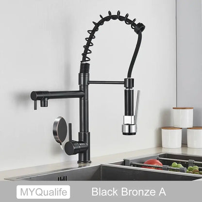 Decorbites black brass kitchen faucet with dual spout and pull down spray