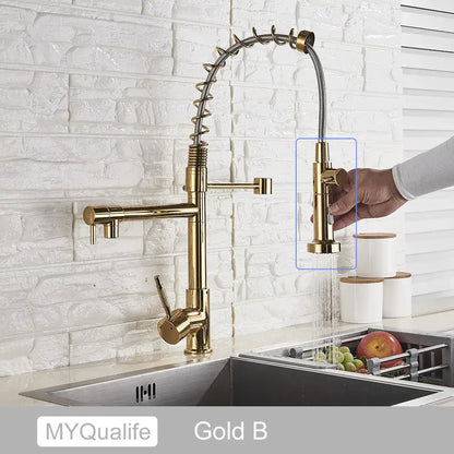 Decorbites black brass kitchen faucet with dual spout and pull down spray