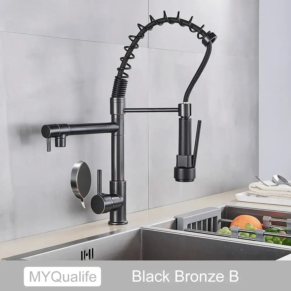 Decorbites black brass kitchen faucet with dual spout and pull down spray