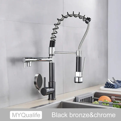 Decorbites black brass kitchen faucet with dual spout and pull down spray